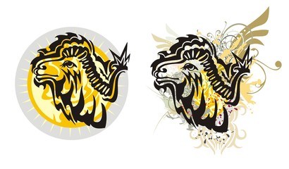 Grunge camel splashes. Tribal camel head against the decorative sun and camel head with floral elements