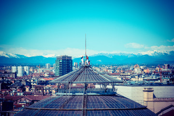 Milan city monuments and places  Galleria Vittorio Emanuele from Duomo - vintage style photo    