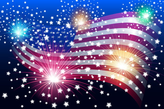 US flag on the background of fireworks, waving flag. vector.