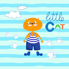 Cute cat in boots and striped t-shirt