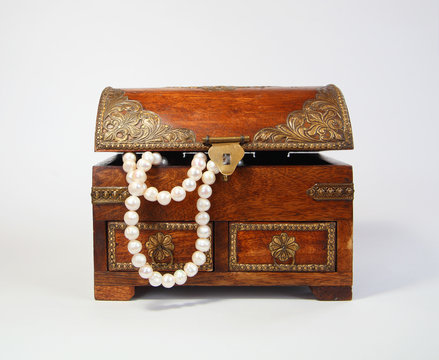 Closeup photo of a beautiful vintage jewelry box on white