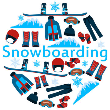 Poster clothes and accessories for snowboarding. Vector illustration