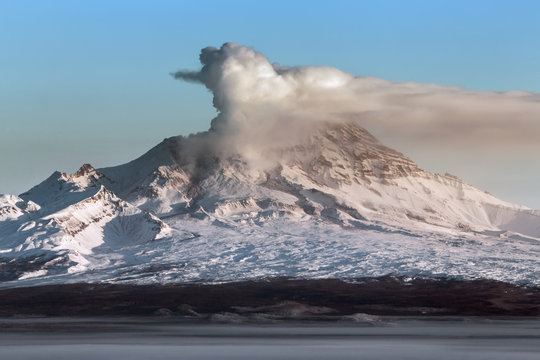 Eruption active Shiveluch Volcano on Kamchatka Peninsula