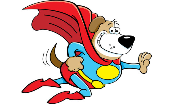 Cartoon illustration of a dog dressed as a super hero.