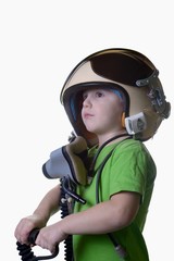 Funny little child in fighter pilot helmet isolated on white background
