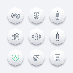 medicine, drugs, pills, pharmaceutics line octagon icons, vector illustration