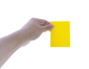 Green sticky note, on man hand holding; isolated with clipping p