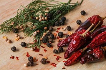 herbs and spices - wood background