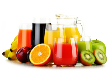 Glasses of assorted fruit juices isolated on white. Detox diet