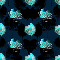 Seamless floral pattern, tulips hand drawn on aqua blue watercolor splash. Isolated on navy blue background. Fabric texture. Wallpaper.