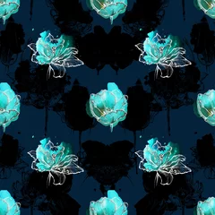 Foto op Plexiglas Naadloze bloemmotief, tulpen hand getekend op aqua blauwe aquarel splash. Geïsoleerd op marineblauwe achtergrond. Stof textuur. Behang. © tabuday