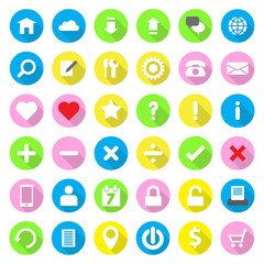 web icon set flat style on colorful circle with long shadow