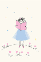 Pretty girl reading a book. Vector illustration