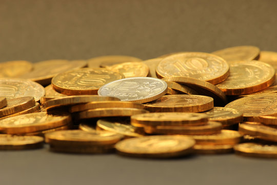 
Golden coins. Pile of gold coin. Financial, business concept. Heap of metallic golden roubles. Ruble.