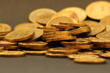 
Golden coins. Pile of gold coin. Financial, business concept. Heap of metallic golden roubles. Ruble.
