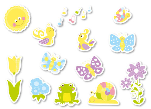 Stickers set of cute cartoon spring nature elements : butterflies , birds , flowers , sun  /  vectors collection for children