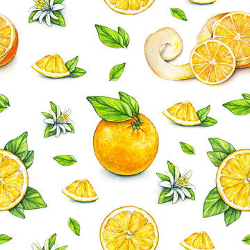 Orange fruits ripe with green leaves. Watercolor drawing. Handwork. Tropical fruit. Healthy food. Seamless pattern for design.