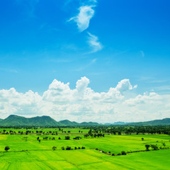 Aerial view of a green rural area under blue sky