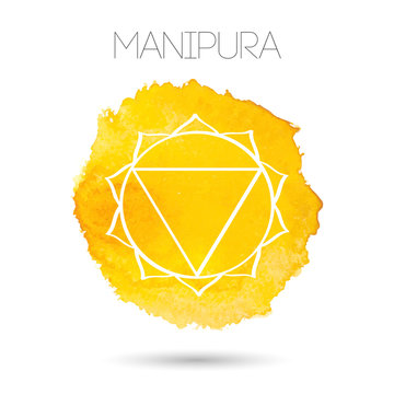 Vector isolated on white background illustration of one of the seven chakras - Manipura. Watercolor painted texture.