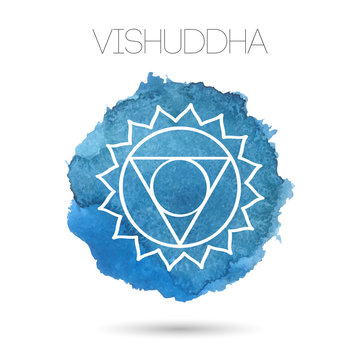 Vector isolated on white background illustration of one of the seven chakras -Vishuddha. Watercolor painted texture.