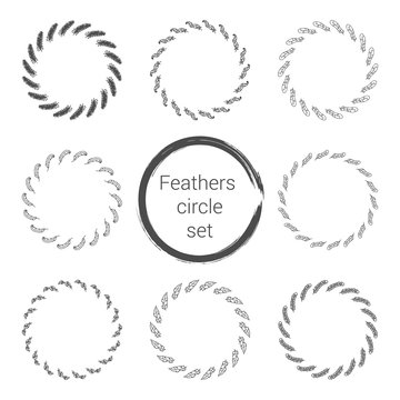 Feathers circle set black isolated on the white color background