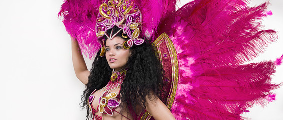 Samba dancer wearing traditional pink costume letterbox