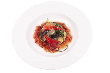 Salad with grilled vegetables and veal with fresh tomato salsa