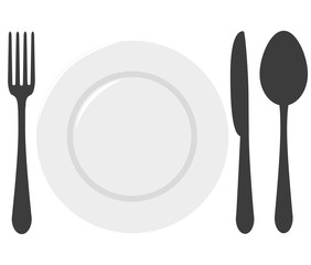 table set - a spoon, a fork, a knife and a plate