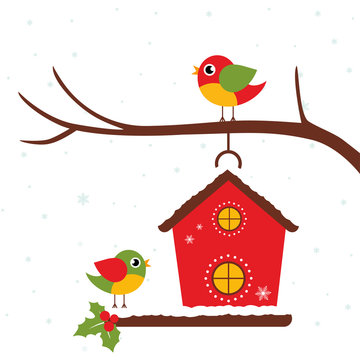 winter birdhouse on a branch and birds on a white background