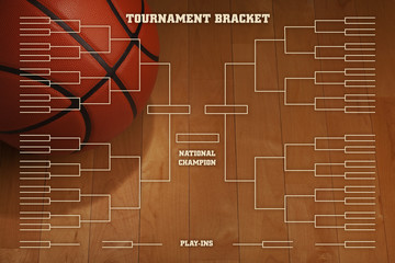 Basketball tournament bracket with spot lighting on wood gym flo