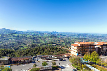 Fototapeta na wymiar San Marino and the Apennine Mountains. Monte Titano is the highest peak.