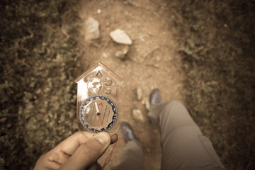 finding the right position in the forest with a compass, vintage