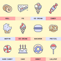 Set of vector, linear icons in a modern flat design. Sweets and pastries.