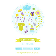 Fototapeta na wymiar Baby Boy Shower or Arrival Card - with Baby Elements - in vector