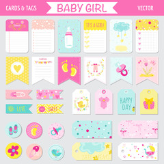 Baby Girl Shower or Arrival Set - Tags, Banners, Labels, Cards 