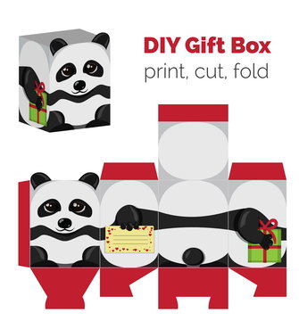 Adorable Do It Yourself DIY panda gift box with ears for sweets, candies, small presents. Printable color scheme. Print it on thick paper, cut out, fold according to the lines.