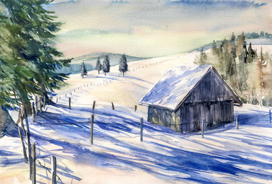 Winter landscape with small house in mountains watercolor painted