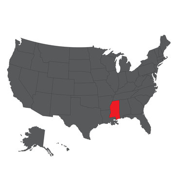 Mississippi red map on gray USA map vector