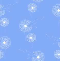 The illustration shows a seamless vector pattern with white dandelions on a blue background.