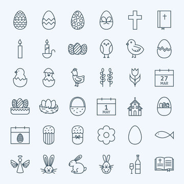 Line Happy Easter Holiday Icons Set