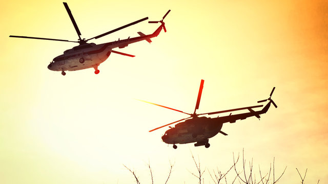 Helicopters of the Air Force of the Republic of Belarus on the approach to the airfield near Minsk
