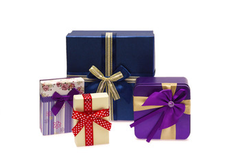 Collection row of colorful gift boxes with bows, isolated on white