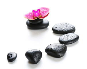Fototapeta na wymiar Black spa stones and orchids isolated on white