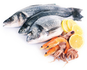 Fresh Mediterranean cocktail of fish on white background, close up