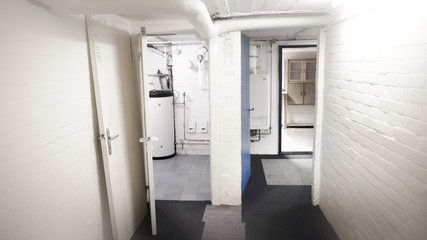 Generic basement hallway, garage, heating room