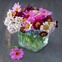 Beautiful daisy flowers in a vase  on the table.