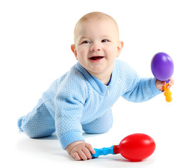 Fototapeta na wymiar Adorable baby with plastic musical toy isolated on white background