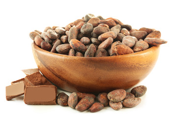 Bowl with aromatic cocoa beans and chocolate isolated on white background, close up