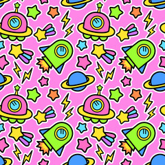 宇宙（UFO・ロケット・惑星）柄　シームレスパターン　ピンク