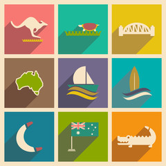 Set of flat icons with long shadow Australian 